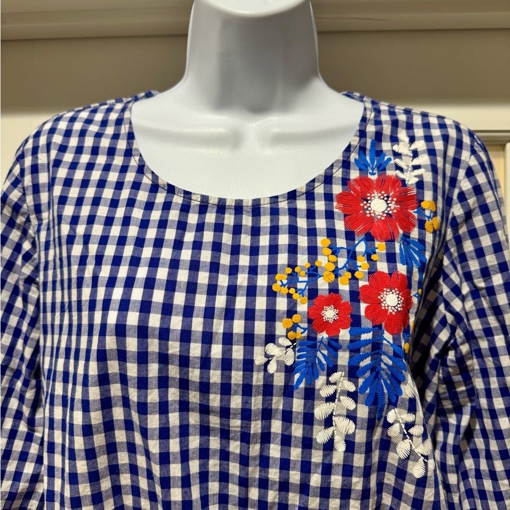 Cherish Gingham Floral Embroidered Top Blue Check — Fits Medium - Picture 4 of 14